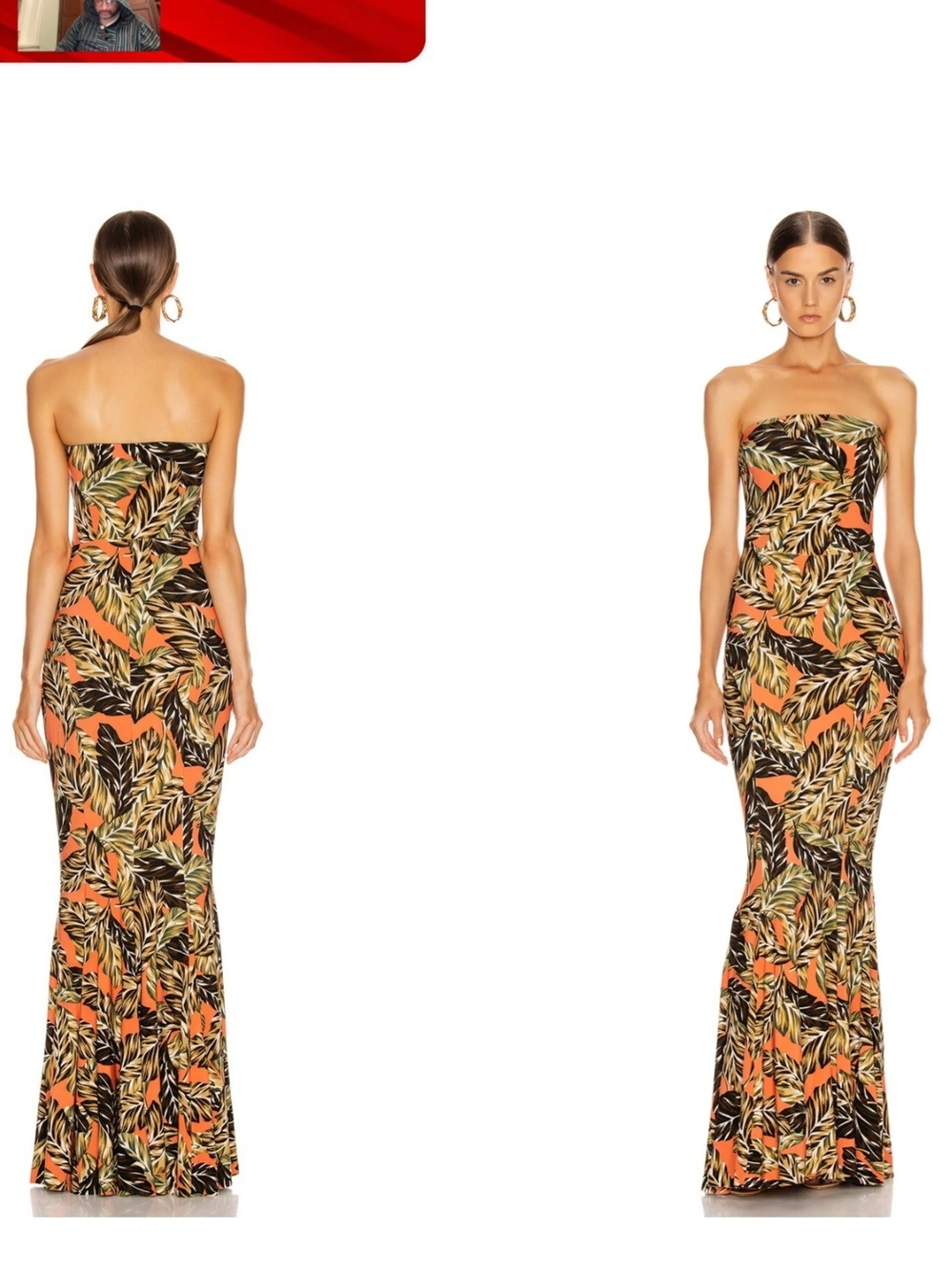Norma Kamali Strapless Maxi Dress in Orange, Black and Cream Leaf Print